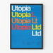 Plakat Utopia Ltd - Farvetypografisk design på blå baggrund